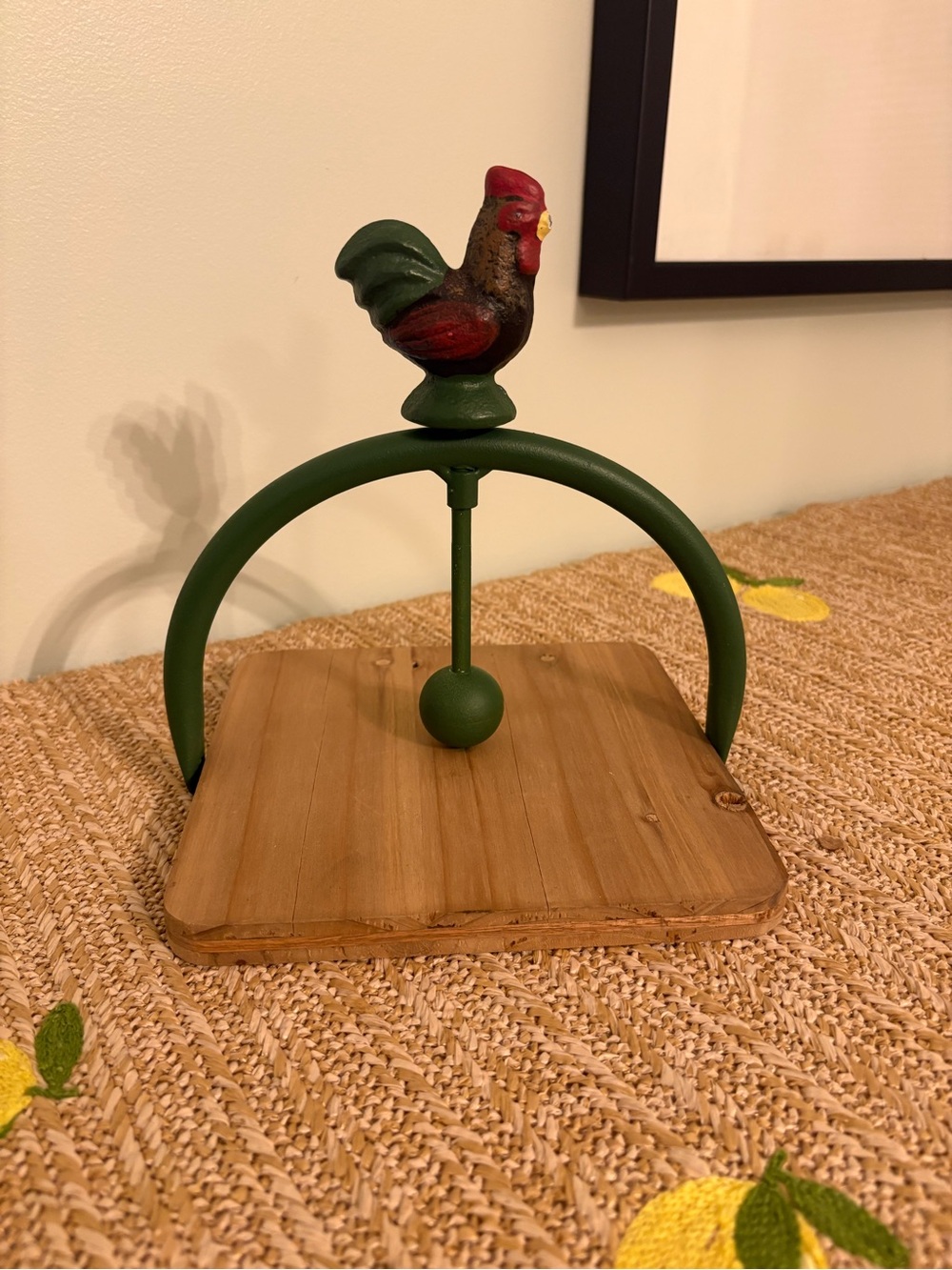 Vintage Country Farmhouse Rooster Napkin Holder Wooden Cast Iron Metal Cottage
